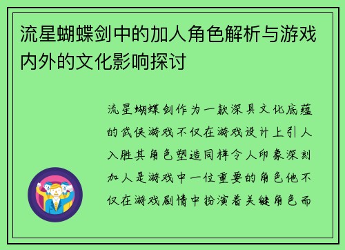 流星蝴蝶剑中的加人角色解析与游戏内外的文化影响探讨
