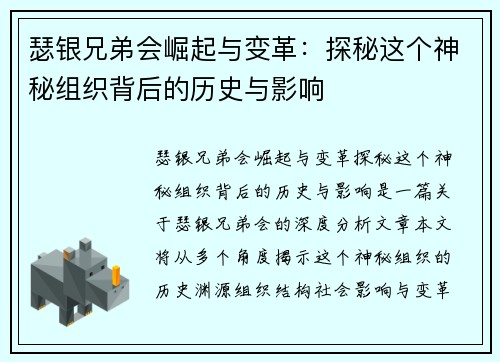 瑟银兄弟会崛起与变革：探秘这个神秘组织背后的历史与影响